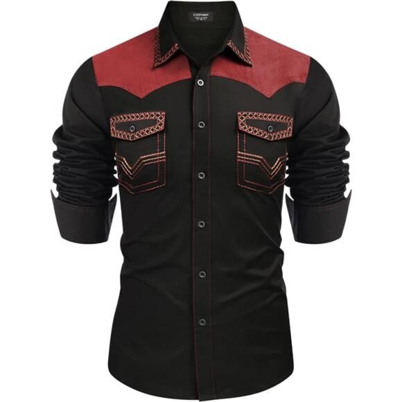 Men's Western Cowboy Shirt Black & Red - Picture 1 of 5